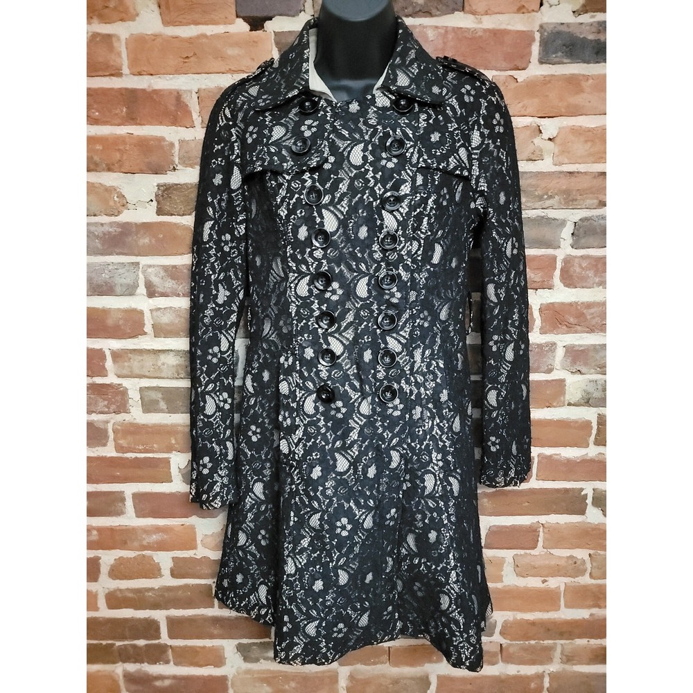 Blanc Noir Trench Coat Women's Medium Black Lined‎ Lace Overlay Double Breasted